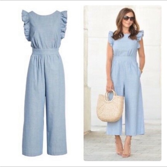 1901 Chambray Ruffle Jumpsuit cotton romantic cottage‎ size 2 summer vacation - Picture 1 of 15
